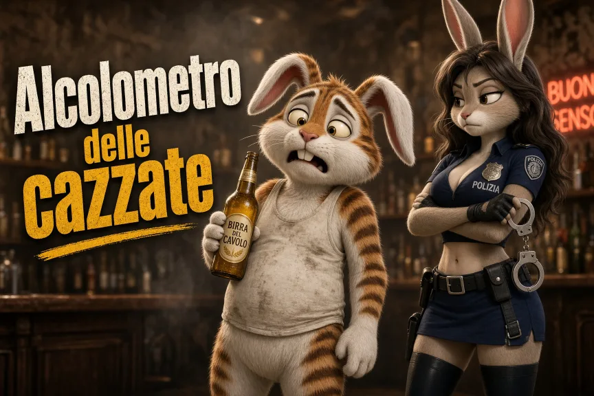 Coniglio tigrato comico con bicchiere e nuvola di scoreggia