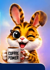 Coniglio di Virus Chat con pelo da tigre e tazza di caffè