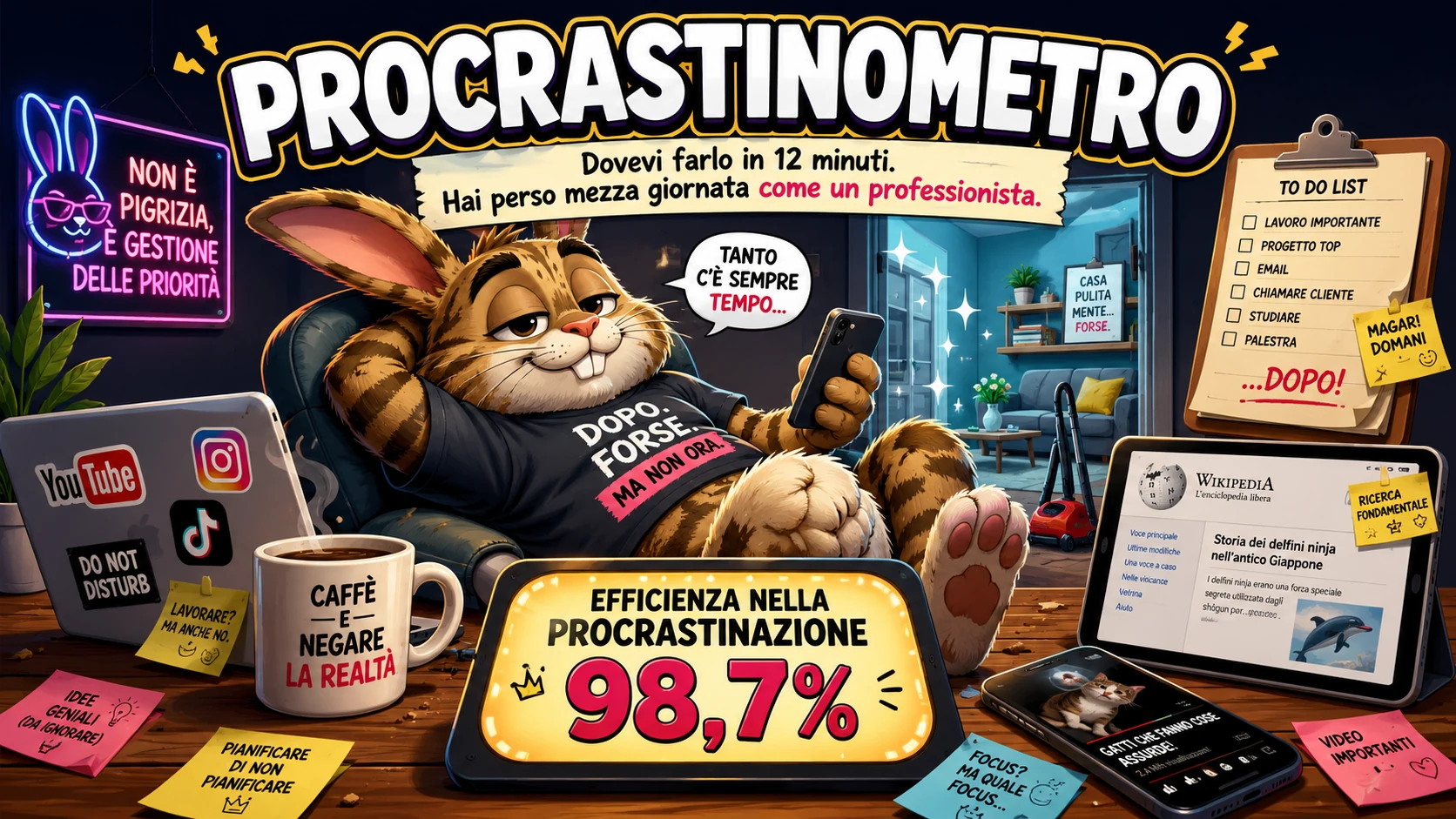 Coniglio tigrato professionista della procrastinazione