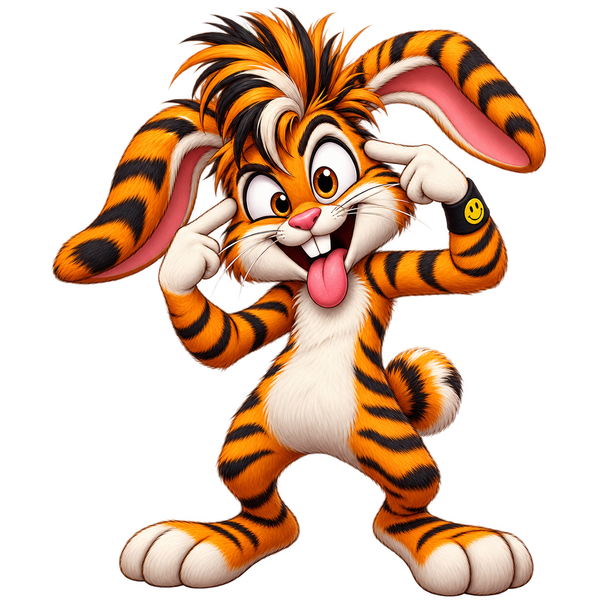 Coniglio col pelo da tigre, espressione pazza e divertente