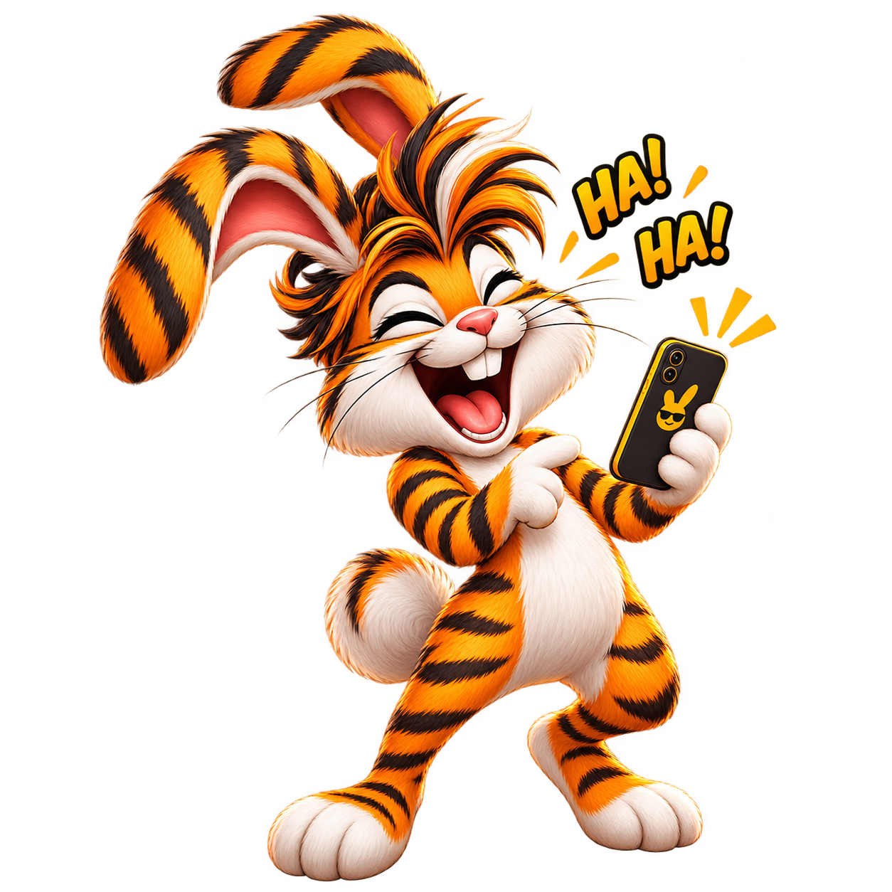 Coniglio col pelo da tigre con smartphone, ride come un matto